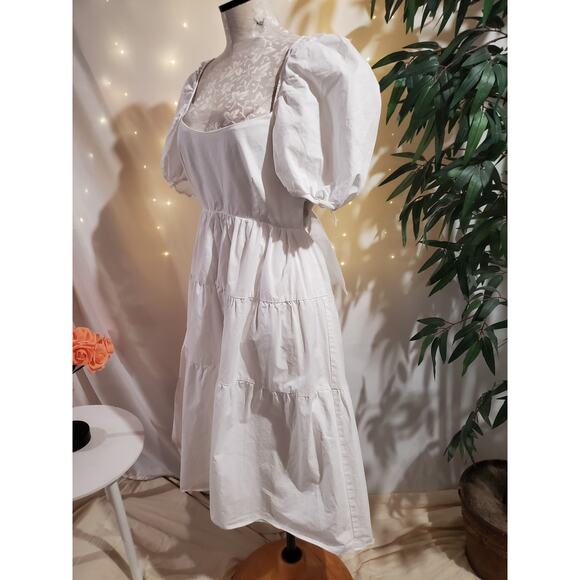Bardot Tiered Puff Sleeve Open Bow Tie Back Midi Dress Size 6 Small White Cotton - Picture 3 of 11